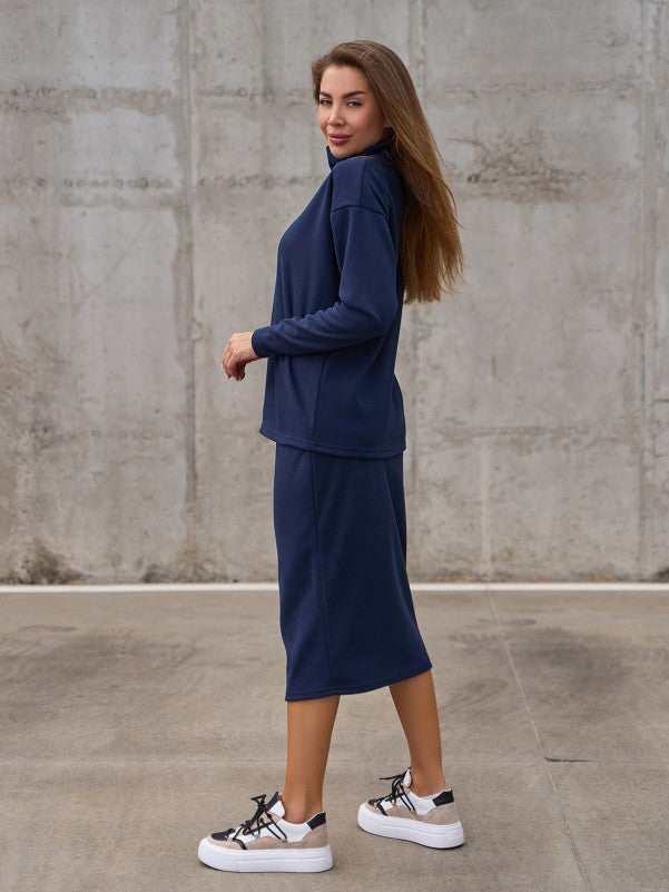 Dark Blue Angora Insulated Suit with Pencil Skirt - sku 14833