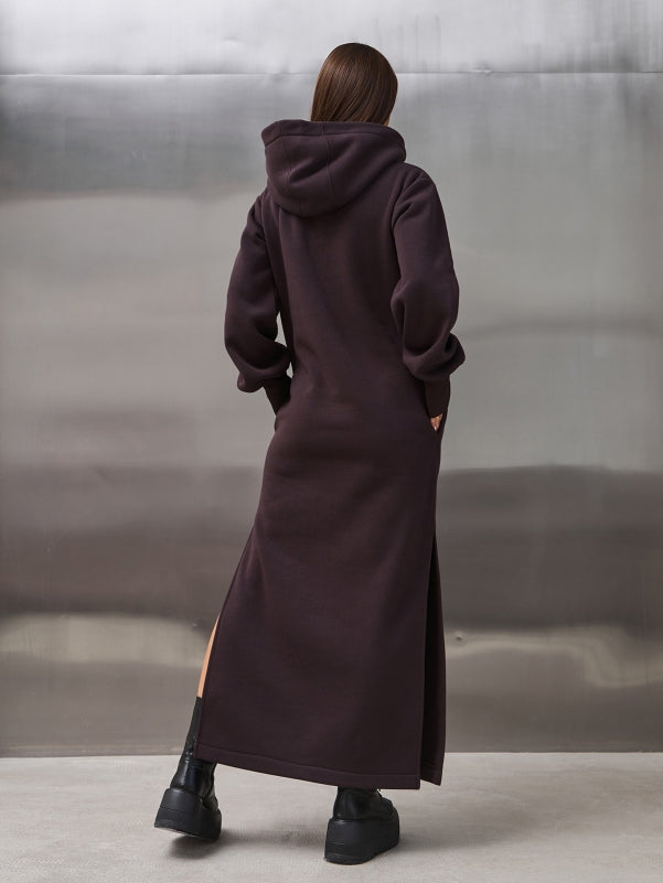 Dark Brown Warm Maxi Dress with Slits-sku 14899