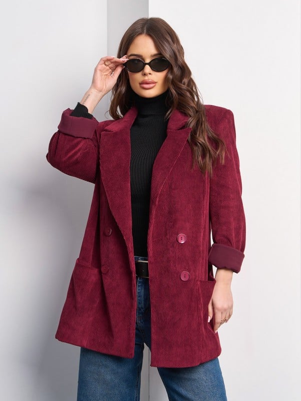 Burgundy Corduroy Long Jacket -sku 15018