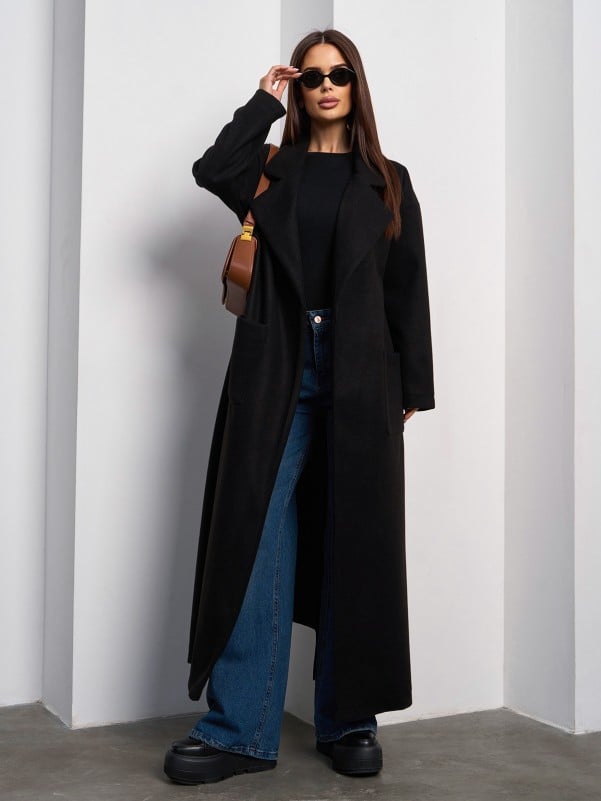 Black Cashmere Cardigan Coat with Back Panel -sku 15046