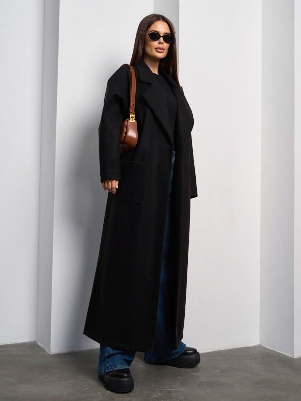 Black Cashmere Cardigan Coat with Back Panel -sku 15046