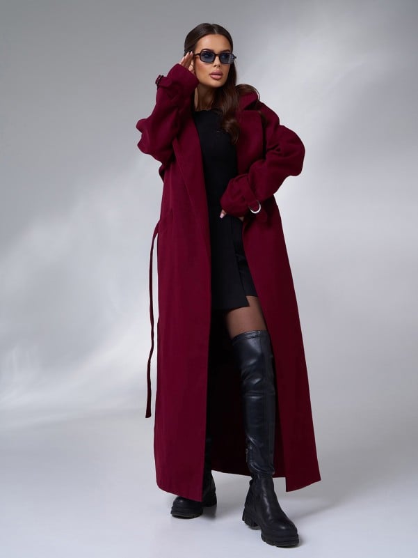 Burgundy Long Coat with Side Slits-sku 15090