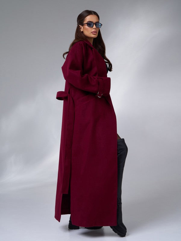 Burgundy Long Coat with Side Slits-sku 15090