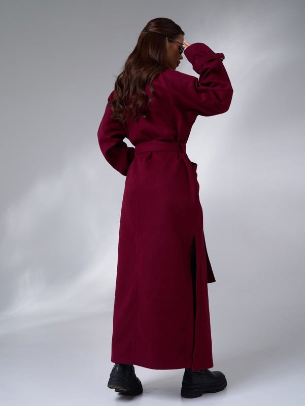 Burgundy Long Coat with Side Slits-sku 15090