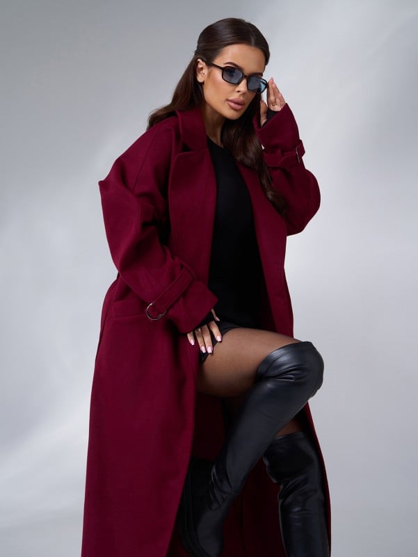 Burgundy Long Coat with Side Slits-sku 15090