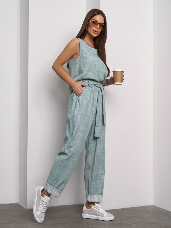 Olive linen pantsuit with a top- sku 15101