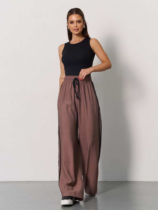 Brown Linen Wide Trousers With Stripes -15176