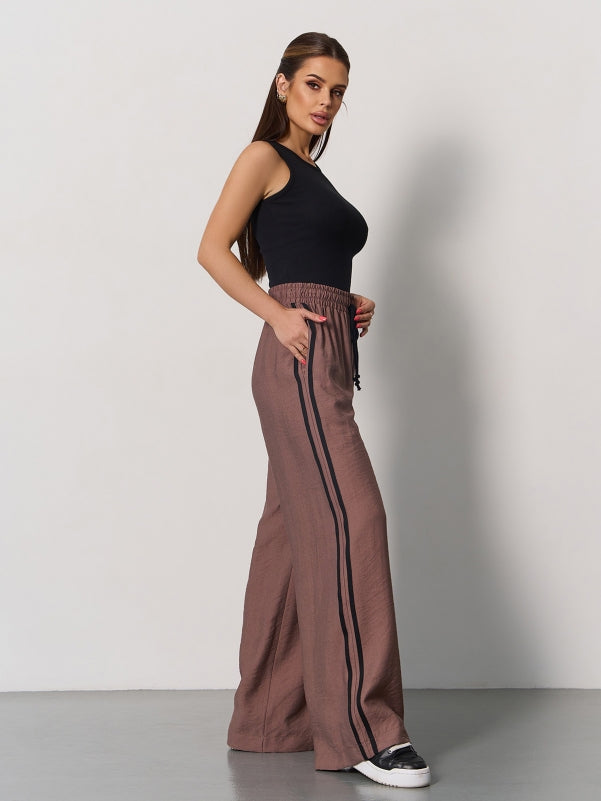 Brown Linen Wide Trousers With Stripes -15176