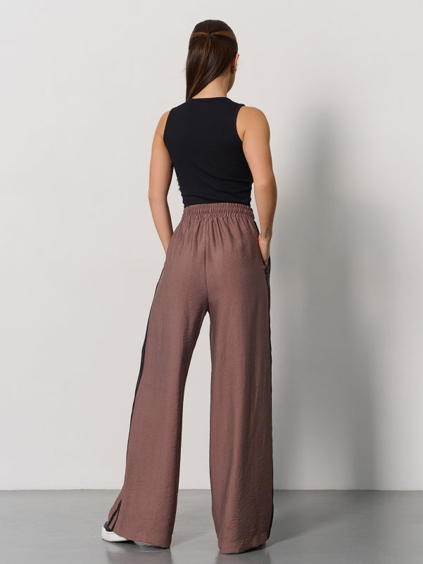 Brown Linen Wide Trousers With Stripes -15176