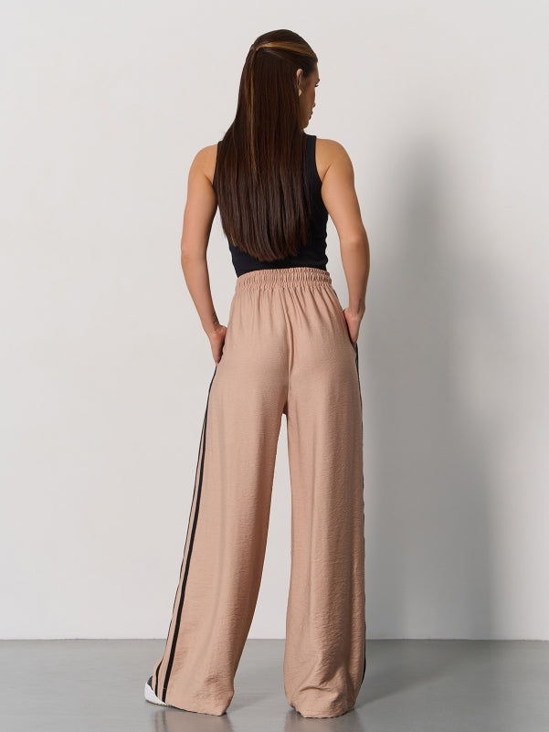 Beige Linen Wide Trousers With Stripes 15176