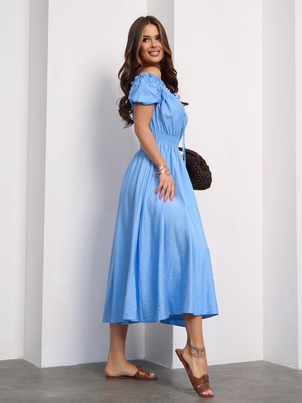 Linen Blue Off Shoulder Dress -sku 15185