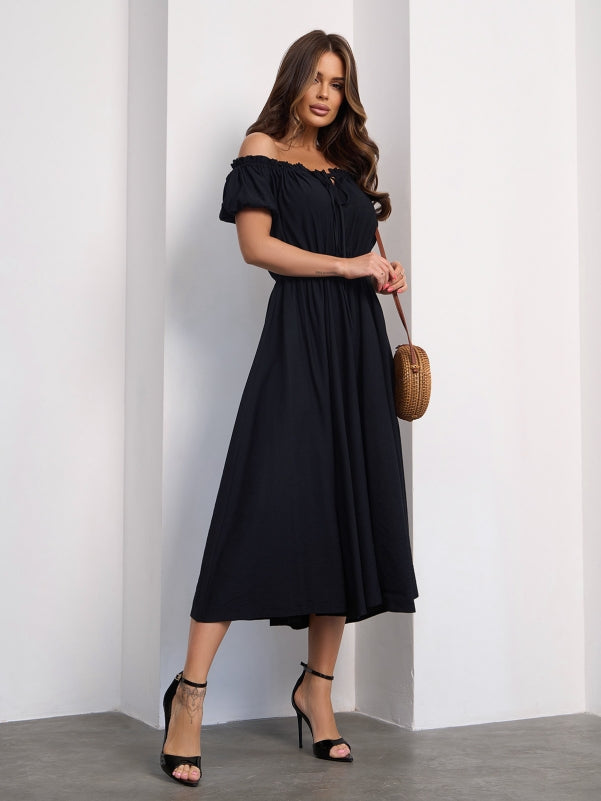 Linen Black Off Shoulder Dress
