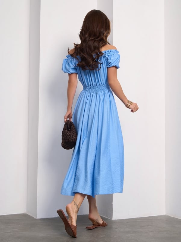 Linen Blue Off Shoulder Dress -sku 15185