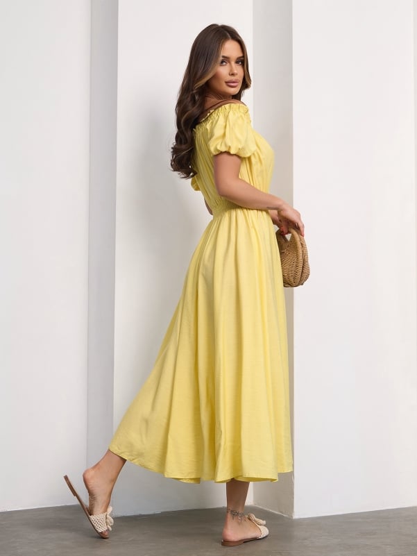 Linen Yellow Off Shoulder Dress