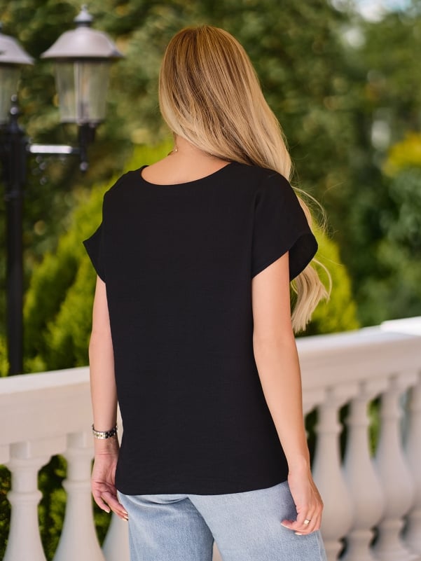 Black Linen V-Neck Blouse -sku 15219