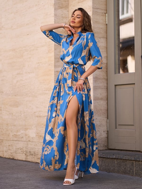 Blue Long Cotton Dress with Slit sku 15242