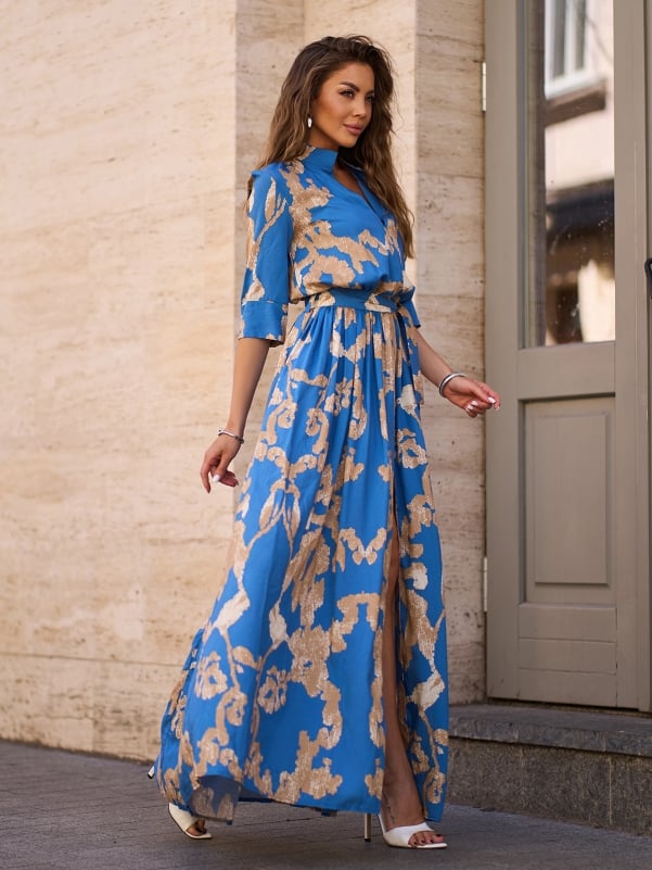 Blue Long Cotton Dress with Slit sku 15242