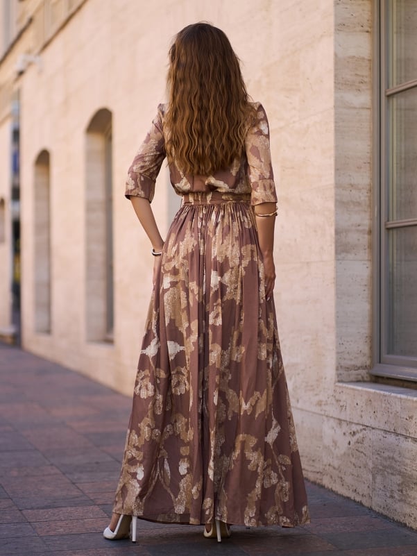 Brown Long Cotton Dress with Slit sku 15242