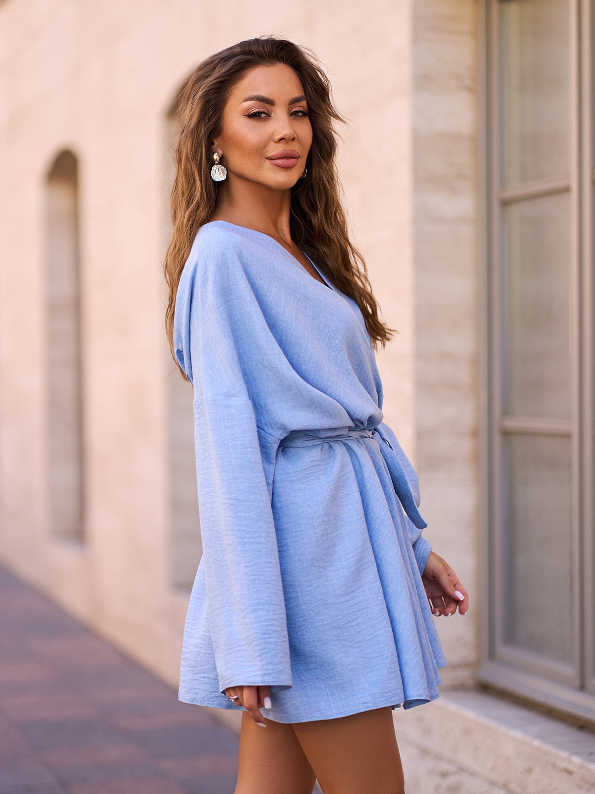 Blue Linen Boho Wrap Dress