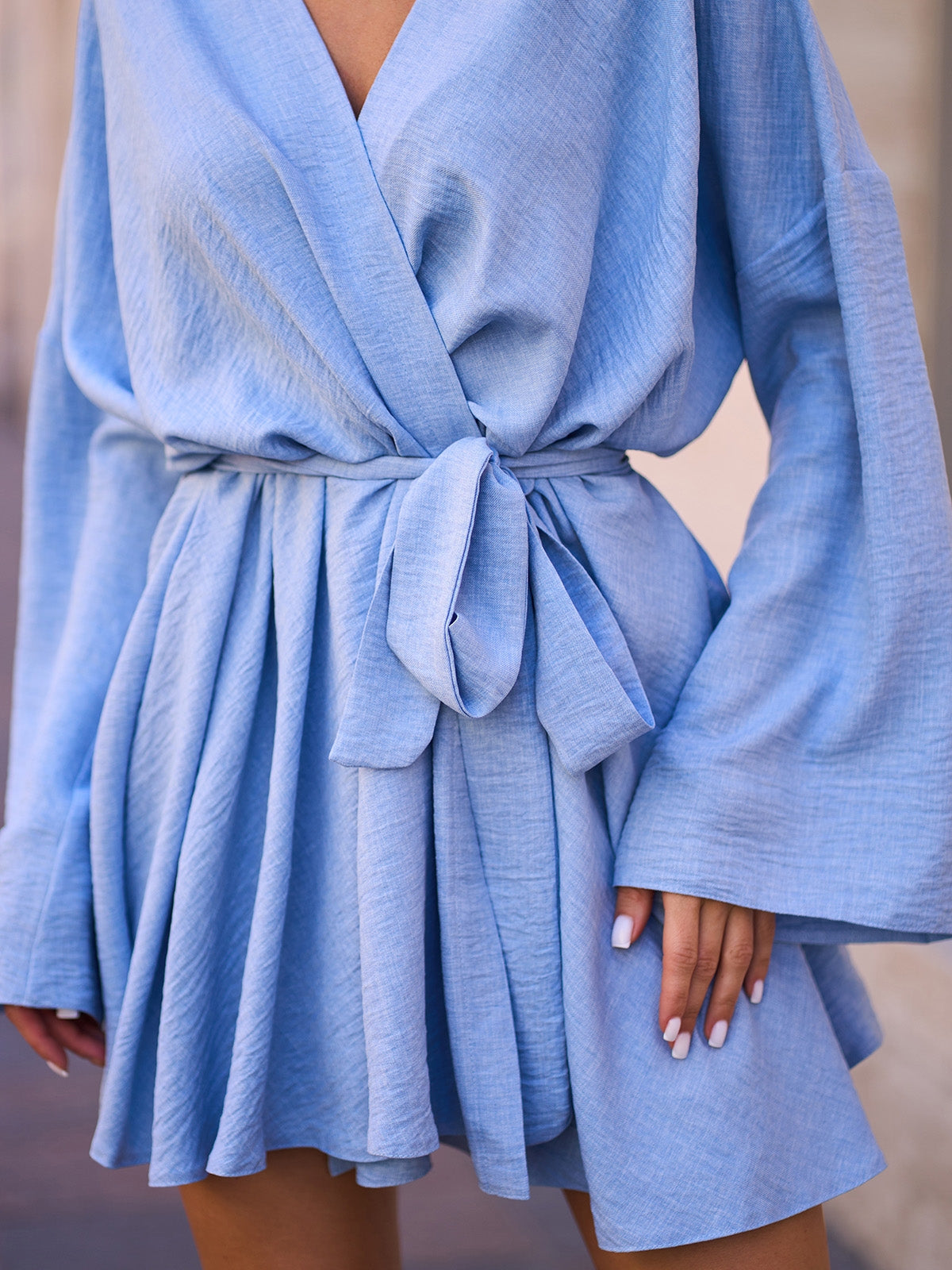 Blue Linen Boho Wrap Dress