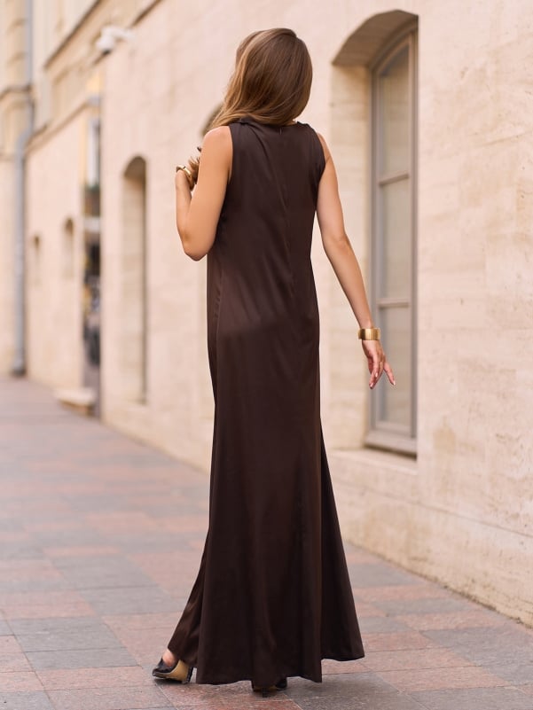 Brown Silk Long Dress with Drapery