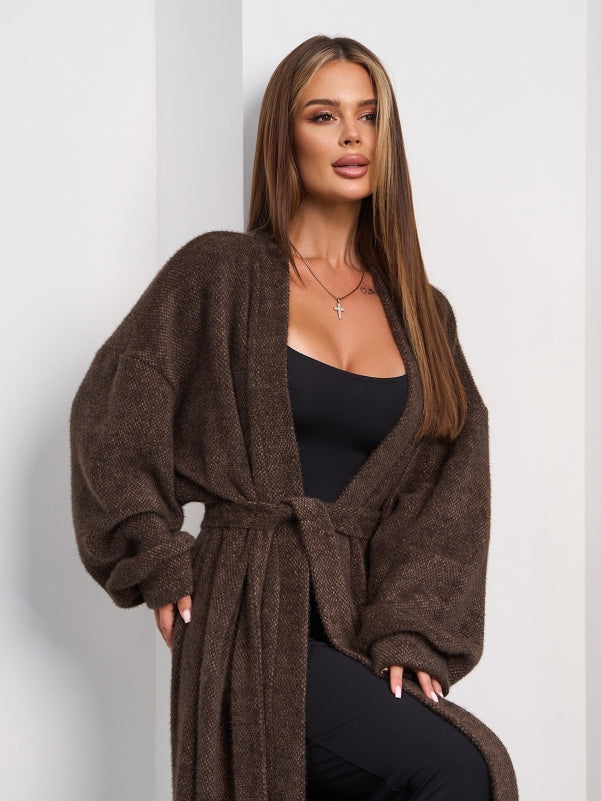 Dark Brown Long Cardigan with Slits -sku 15294