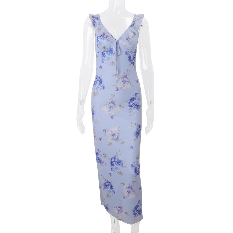Summer Floral Print Plunge Maxi Dress