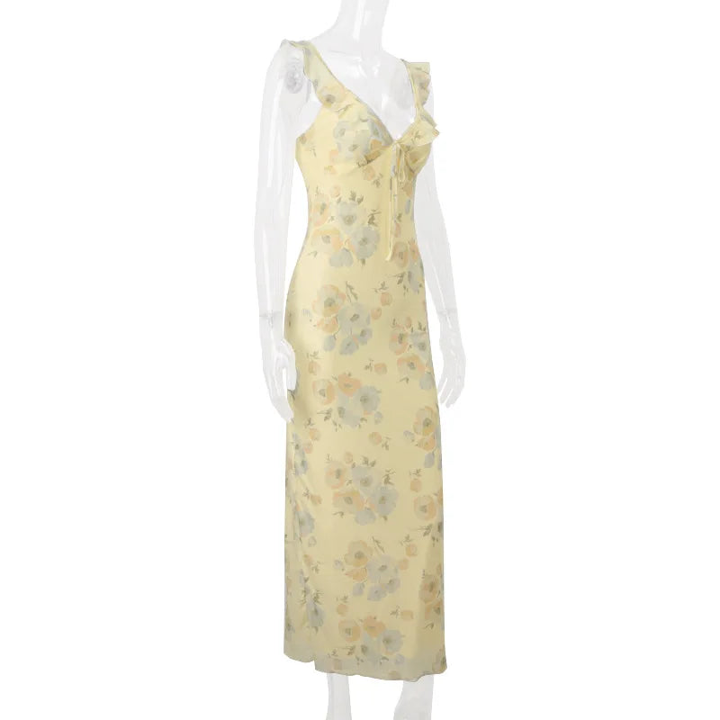 Summer Floral Print Plunge Maxi Dress
