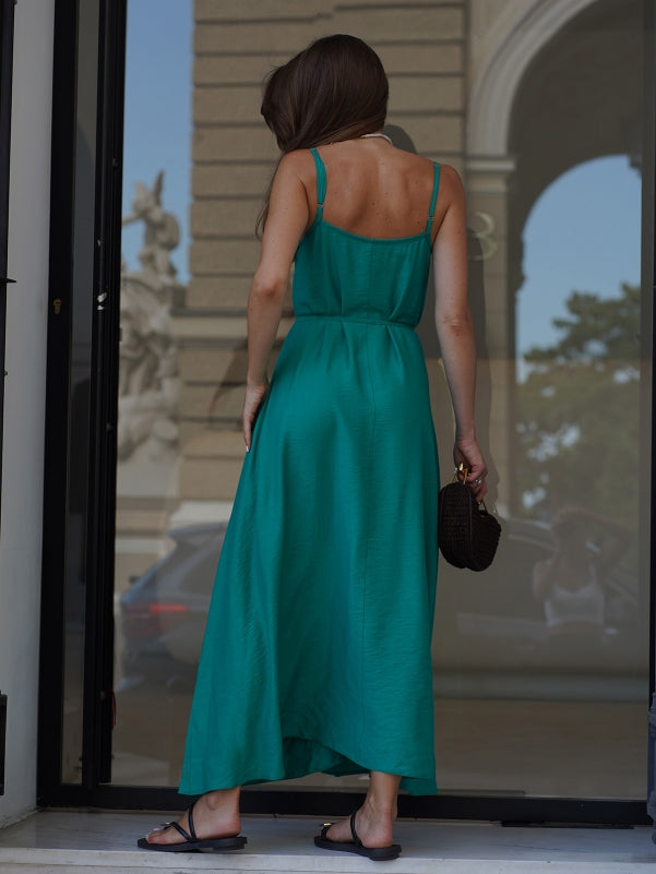Green Long Linen Sundress with Straps