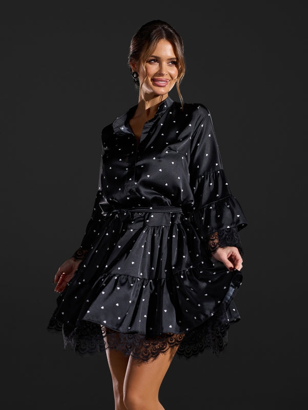 Black silk dress with a heart print -sku SA-681