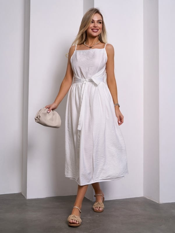 White Linen Sundress with a Flared Cut #15145