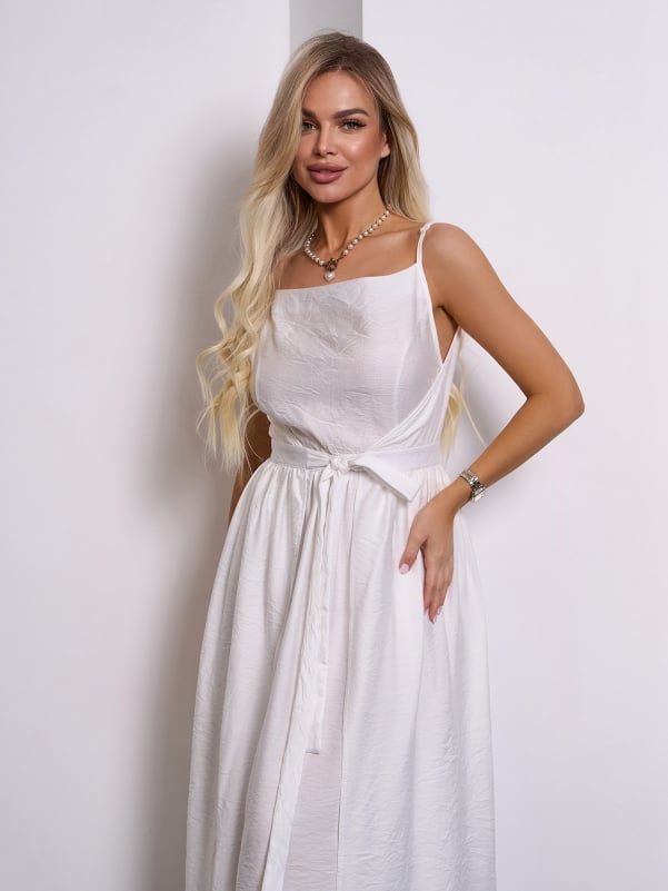 White Linen Sundress with a Flared Cut #15145