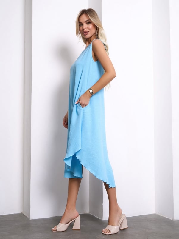 Blue Flared Sundress with Pockets - sku 10800