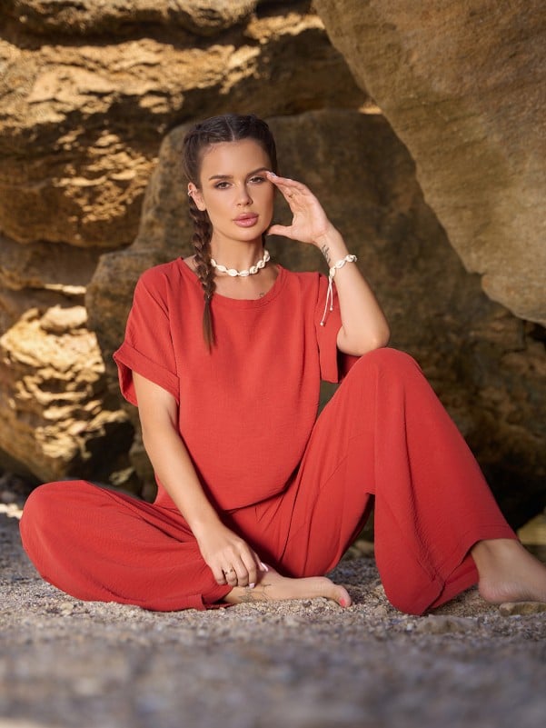 Terracotta Pantsuit With T-shirt -sku 12766