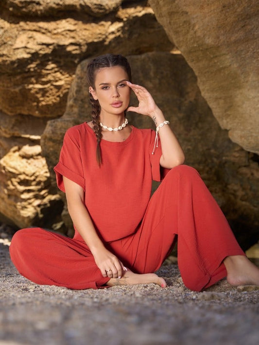 Terracotta Pantsuit With T-shirt -sku 12766