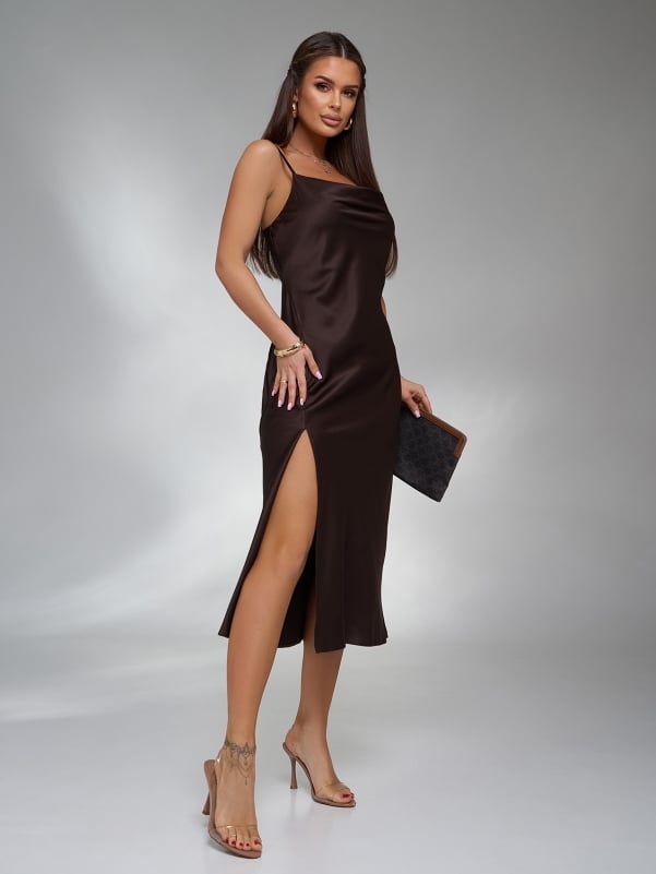 Dark Brown Silk Slip Dress with Straps - sku 13882