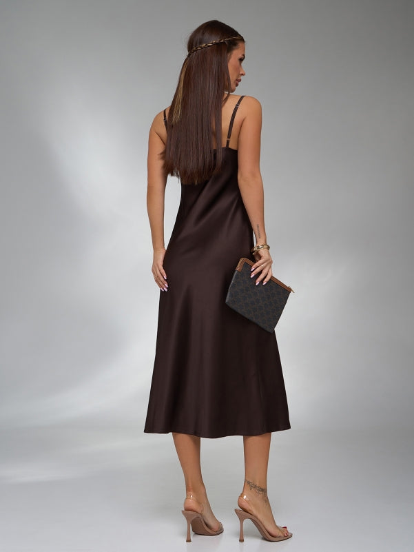 Dark Brown Silk Slip Dress with Straps - sku 13882