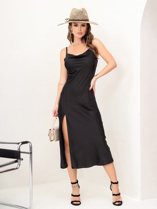 Black Silk Slip Dress with Straps - sku 13882