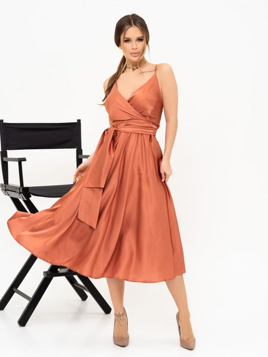 Terracotta silk dress with tie