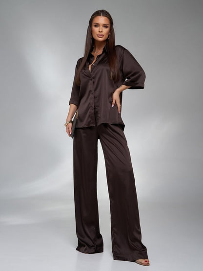 Dark brown silk loose fit suit