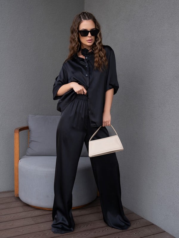 Black silk loose fit suit -sku 14100