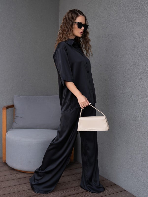 Black silk loose fit suit -sku 14100