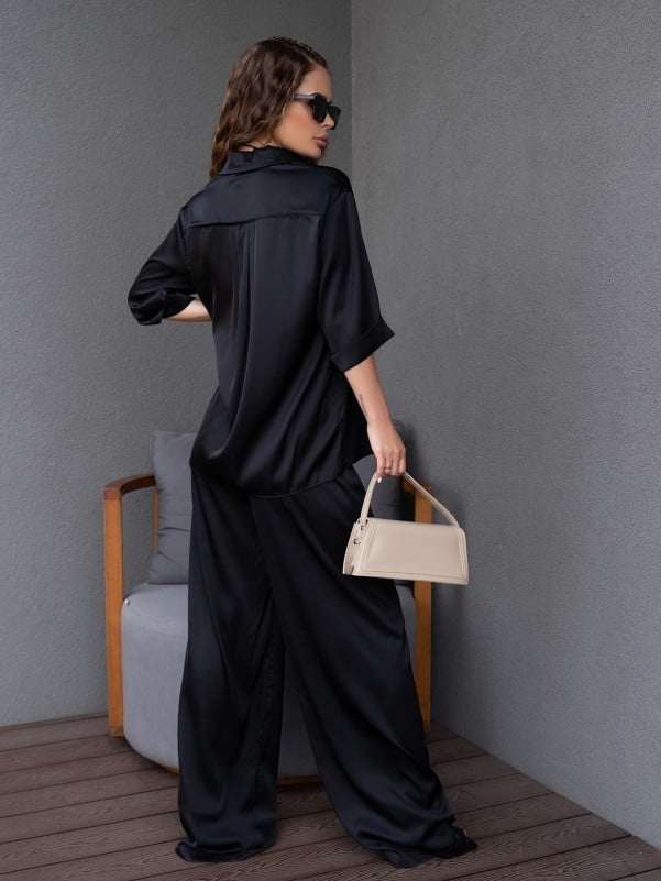 Black silk loose fit suit -sku 14100