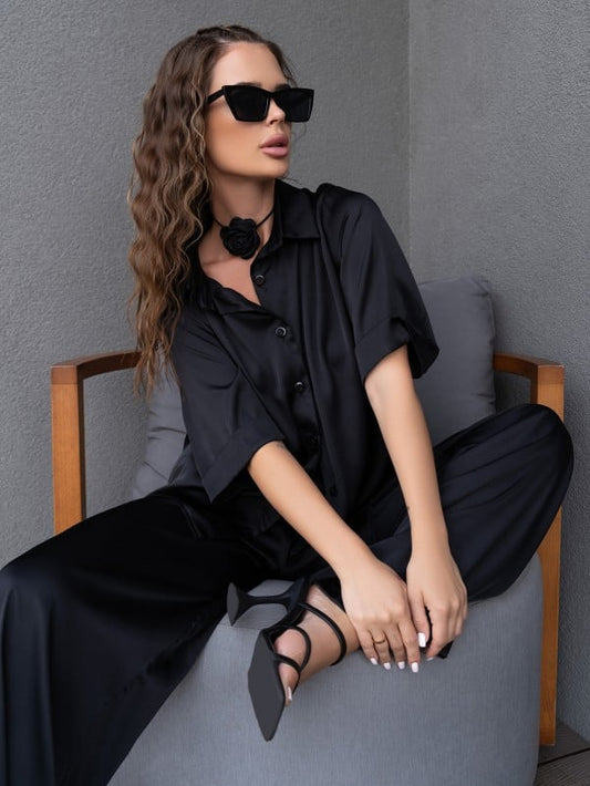 Black silk loose fit suit -sku 14100
