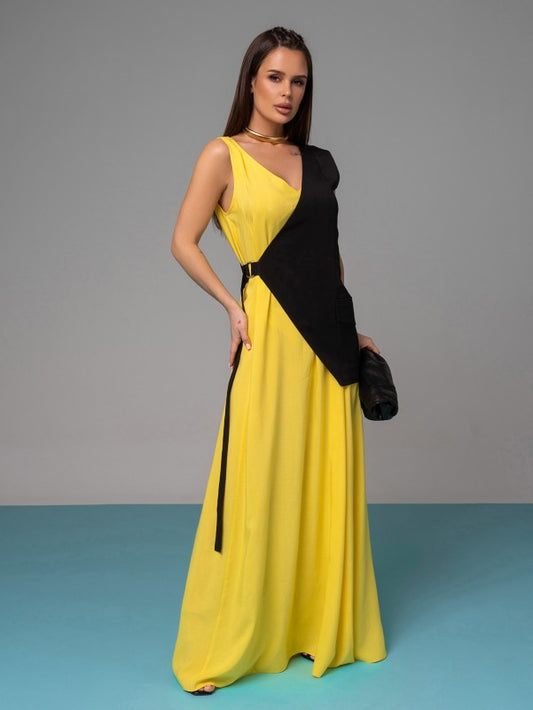 Long Yellow Sarafan with Insert -sku 14625