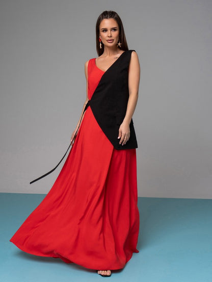 Long red sarafan with insert -sku 14625