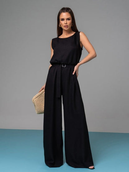 Black Textured Linen Jumpsuit -sku 14626A