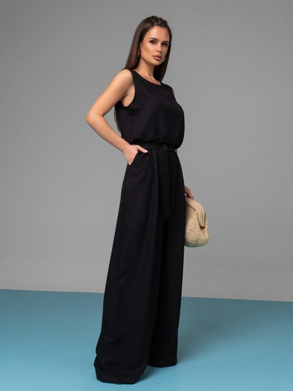 Black Textured Linen Jumpsuit -sku 14626A