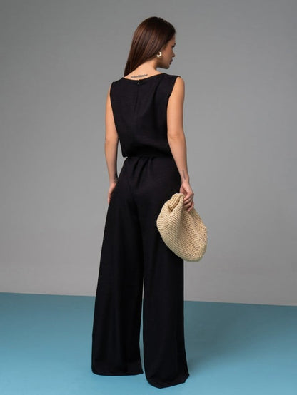 Black Textured Linen Jumpsuit -sku 14626A