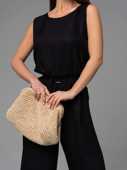 Black Textured Linen Jumpsuit -sku 14626A